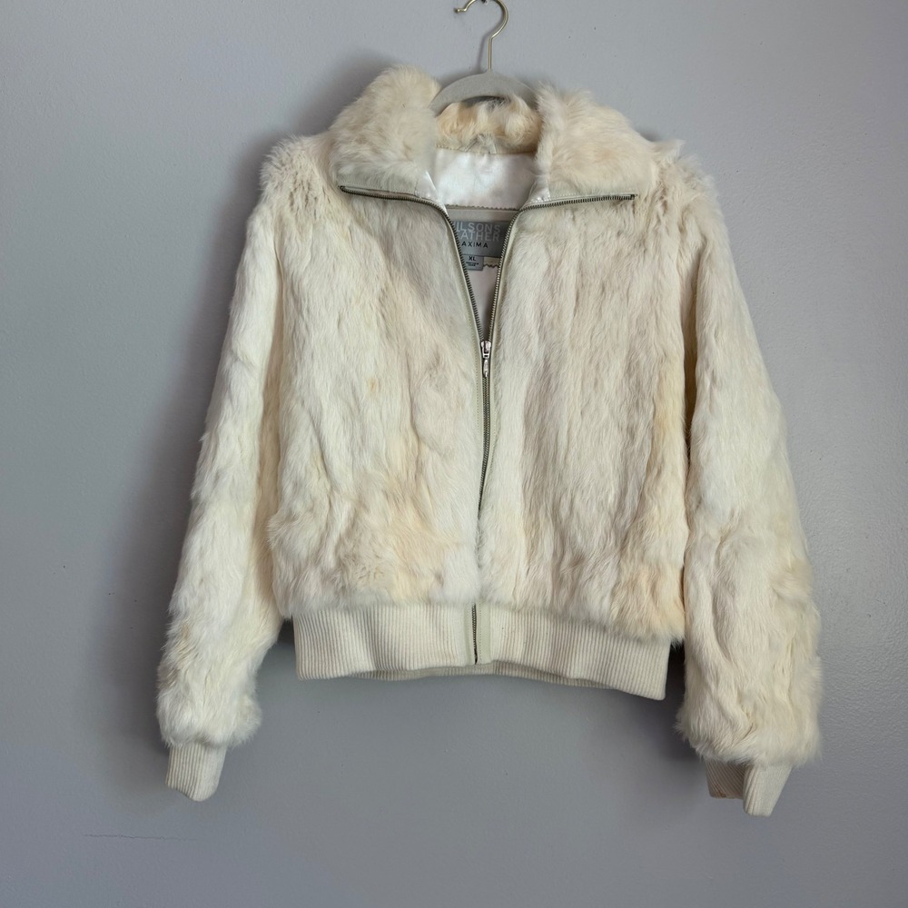 Vintage Wilsons Leather Rabbit Fur Bomber Jacket XL Cream White Zip Up 24062-10